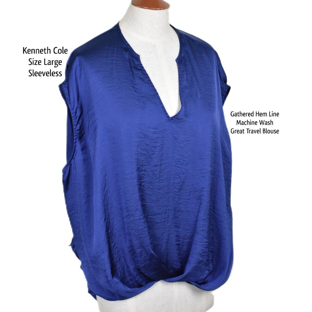 KENNETH COLE Top Blouse L Blue Sleeveless V Neck Machine Wash